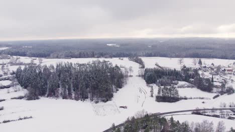 Malerische-Schneebedeckte-Landschaft.-Hintergrund-Des-Waldgebiets.-Antenne