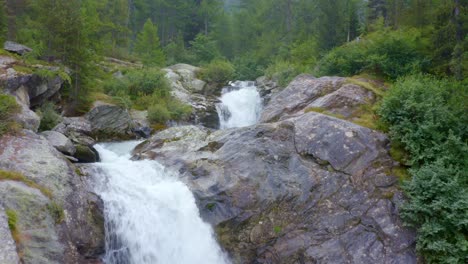 Viaje-Por-Un-Pequeño-Río-De-Montaña-Con-Rica-Vegetación-Alpina