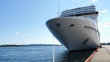 MSC-Cruise-Ship-Moored-in-Harbour,-Low-Angle-Bow-View,-Sunny-Day