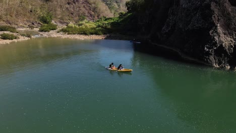 exotic-aerial-view,-tourist-location-of-the-Oyo-Kedung-Jati-valley-canoeing-on-the-Oyo-river,-Bantul-Indonesia