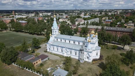 Aerial-of-Orthodox-Cathedral-of-Saints-Boris-and-Gleb-in-Daugavpils,-Latvia