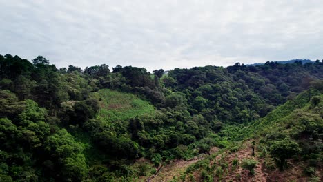 Drone-soars-above-winding-river-in-deep-valley-gorge-of-lush-tropical-jungle