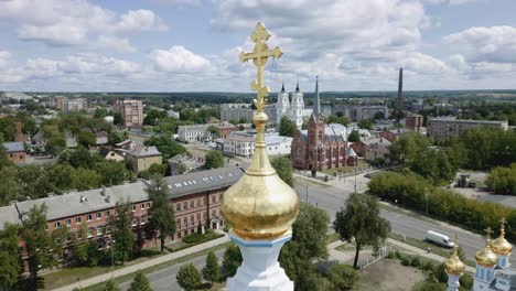 Close-up-of-cross-on-Orthodox-Cathedral-of-Saints-Boris-and-Gleb-in-Daugavpils,-Latvia