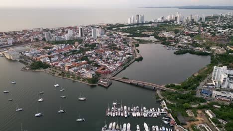Aerial-over-the-marinas-and-beachfront-properties-of-Cartagena,-Bolivar,-Colombia