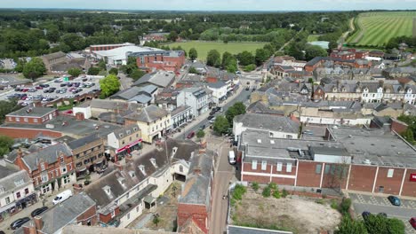 Pull-back-drone-aerial-reverse-reveal-High-street-Newmarket-town-Suffolk-UK