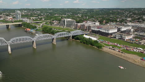 Aerial-view-of-the-Goetta-festival,-Newport-on-the-Levy,-and-the-Purple-people-bridge-in-Newport-Kentucky
