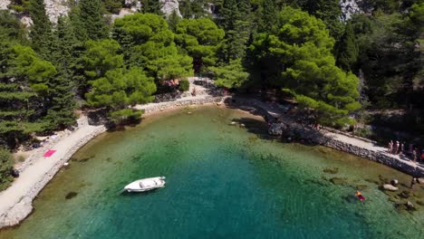 Aerial-birds-eye-flight-over-crystal-clear-bay-of-Zavratnica-near-Jablanac-with-resting-and-swimming-people-during-sunny-day,-Croatia