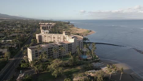 Aerial-view:-Beach-front-Menehune-Shores-Condos-in-Kihei,-Maui-Hawaii