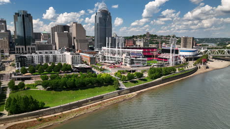 Aerial-view-of-downtown-Cincinnati,-great-American-ballpark,-and-the-Ohio-river