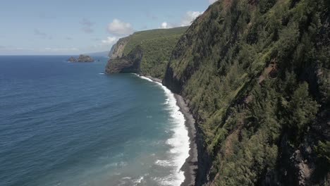 Steep-treed-cliff-face-leads-down-to-ocean-pebble-beach,-aerial-view