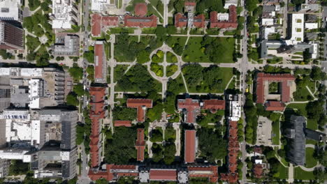 Aerial-view-above-the-University-and-the-Midway-Plaisance-Park-in-sunny-Chicago,-USA---top-down,-drone-shot