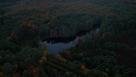 Stunning-aerial-drone-video-footage-of-colorful-autumn-canopy-and-woodland-pond-at-night