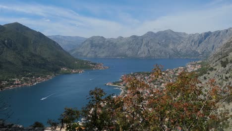 Kotor-Bay,-establishing-shot,-sea,-mountains-and-Kotor-Town,-Boka,-Montenegro