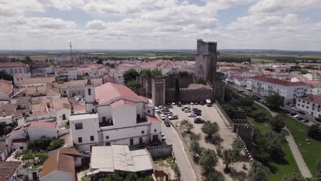 Aerial:-Portugal's-Beja-majestic-Castle-and-Se-de-Beja-on-sunny-day