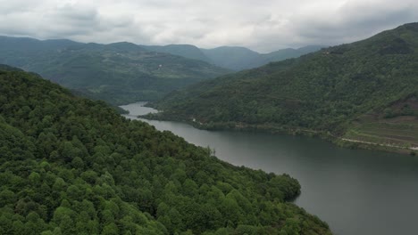 Drone-view-of-lake-between-two-mountains-with-green-forest,-the-landscape-under-a-cloudy-sky