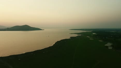 Aerial-shot-of-Landscape-at-the-end-of-Pa-Sak-Jolasid-Dam-on-sunset