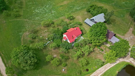 Aerial-drone-closeup-view-of-a-rural-farmhouse-and-barn-in-the-countryside