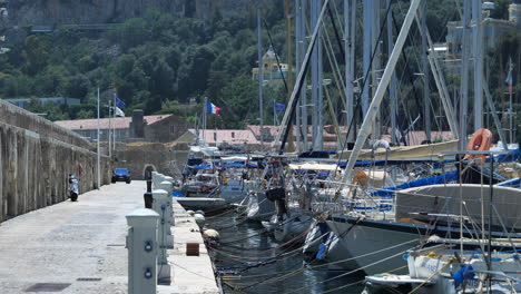 Static-view-of-boats-anchored-at-harbor,-Villefranche-sur-Mer,-French-Riviera