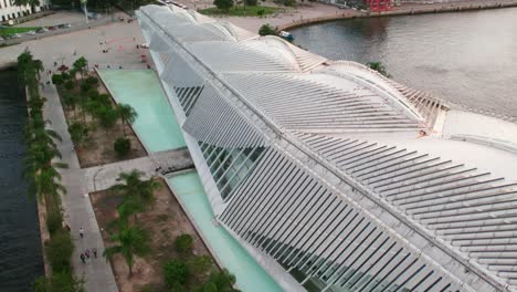 Bird's-eye-view-establishing-over-the-Museum-of-Tomorrow-modern-design-Rio-de-Janeiro-Brazil