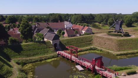 The-bridge-of-famous-fortress-Bourtange-during-day-time,-aerial