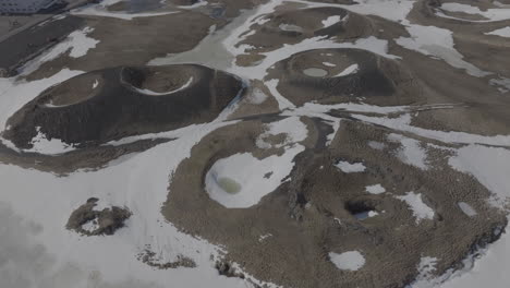 Drone-Shot-of-Snow-Capped-Volcanic-Formations,-Craters-and-Calderas-in-Landscape-of-Iceland