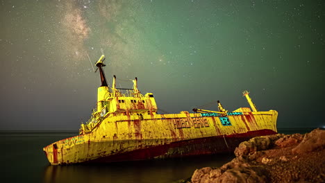 The-Edro-III-Shipwreck-Resting-Off-The-Rocks-With-Stary-Night-Sky-In-Paphos,-Cyprus