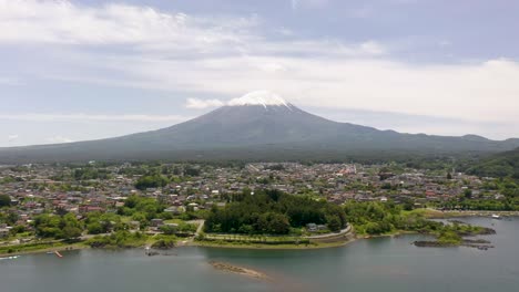 Aerial-of-iconic-and-majestic-volcano-Mount-Fuji-with-scenic-landscape,-lake-Kawaguchi,-village,-and-snow-capped-peak-on-clear-sunny-day-in-Fuji,-Japan
