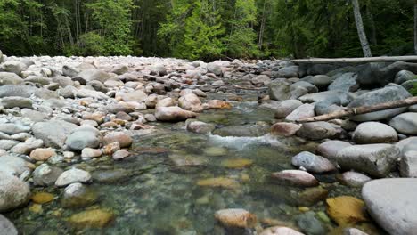 Aerial-view-up-small-rocky-creek,-Lynn-Canyon-Creek,-Vancouver,-Canada