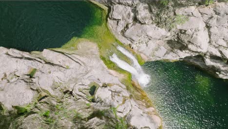 Gubavica-waterfall-rock-pool-on-the-Cetina-river,-Spain,-Aerial-shot