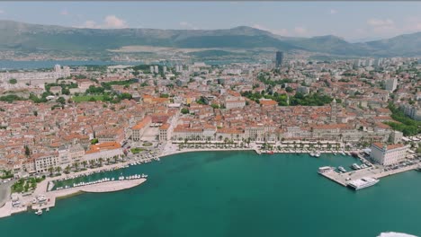 Aerial-sideways-of-famous-city-Split-in-Croatia-on-a-beautiful-sunny-summer-day