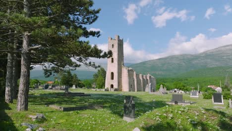 Ruins-of-the-historical-site-of-Holy-Salvation-Church,-Ita-cemetery-and-graveyard,-Croatia,-Europe