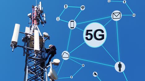 Network-Engineer-Working-On-Telecommunications-Tower-Against-Blue-Sky-With-5G-Connections-Concept