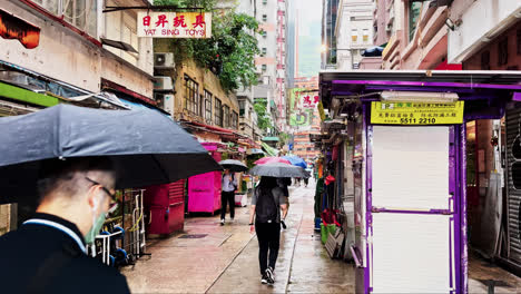 Slow-Motion,-People-Walking-with-Umbrellas-on-Tai-Yuen-Toy-Street-in-Rainy-Hong-Kong