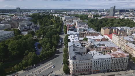 Cinematic-aerial-view-of-the-Riga-cityscape-in-Latvia,-Europe,-Drone