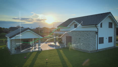 Moderne-Smart-House-Privatvilla-Aus-Der-Luft-Bei-Sonnenuntergang-Mit-Grafischer-Animation-Der-Steigenden-Miet--Und-Hypothekenpreise
