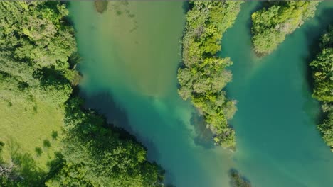 Aerial-top-down-view-turquoise-blue-water-of-natural-river-Cetina-in-Croatia