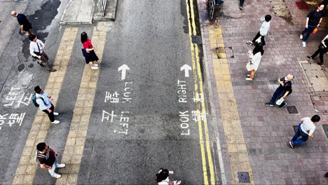 Slow-Motion-Top-Down-View-of-Hong-Kong-Workers-Crossing-Street-on-a-Gloomy-Morning