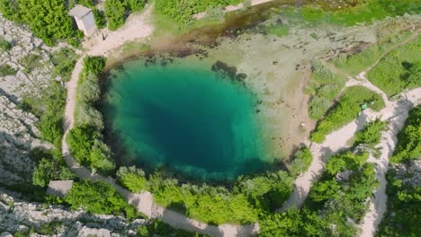 Drone-flight-over-freshwater-river-spring-in-Croatia,-turquoise-natural-water