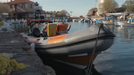 Refugee-Rescue-RIB-'Mo-Chara'-moored-in-the-harbor,-Lesvos