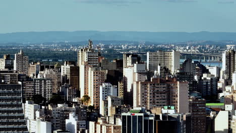Aerial-view-of-tall-buildings-in-downtown,-Porto-Alegre,-sunny-day-in-Brazil