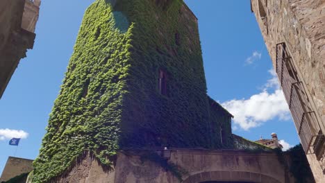 Medieval-gothic-green-foliage-covered-tower-of-Torre-de-Sande-in-the-old-town-of-Cáceres,-Spain