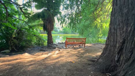 Walking-toward-a-garden-r-park-bench-by-a-pond