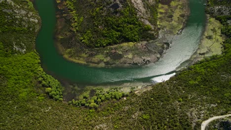 Aerial-top-shot-river-bent-at-Pavlova-strana-viewpoint,-skadar-lake,-Montenegro