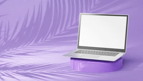 Sleek-silver-laptop-on-round-pedestal,-empty-screen-with-palm-tree-shadows-on-purple-background
