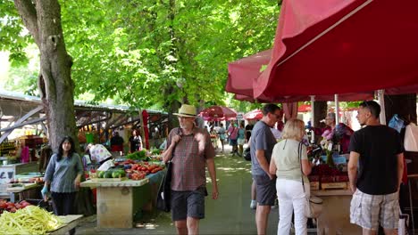 Compradores-Y-Visitantes-En-El-Mercado-De-Pula,-Noroeste-De-Croacia,-Cámara-Lenta