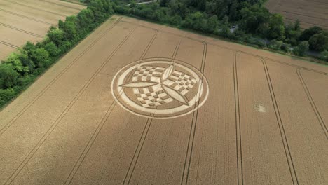 Looking-down-over-South-Wonston-trinity-crop-circle-vandalism-aerial-view-orbiting-windy-Hampshire-golden-wheat-field
