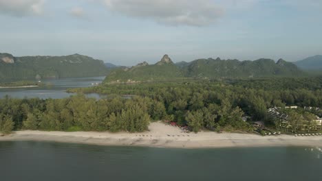 Aerial-retreats-from-Tanjung-Rhu-Beach-on-Langkawi-island,-Malaysia