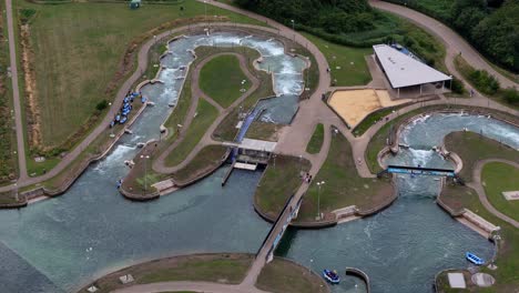 Aerial-view-over-Lee-valley-white-water-centre-looking-down-over-rafting-rapids-course-activities