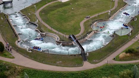 Aerial-view-Lee-valley-white-water-centre-looking-down-at-winding-practice-training-course-activities