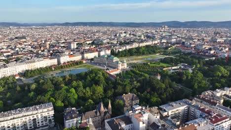 Beautiful-aerial-panoramic-of-Vienna,-Austria-and-Belvedere-Palace-in-city-centre